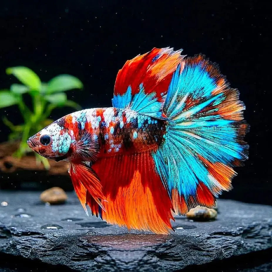 Kampffisch Betta splendens – Halfmoon Fancy Koi Nemo – 💙❤️🧡💛 Farbenprächtiger Kampffisch mit spektakulärer Musterung AquaTimo