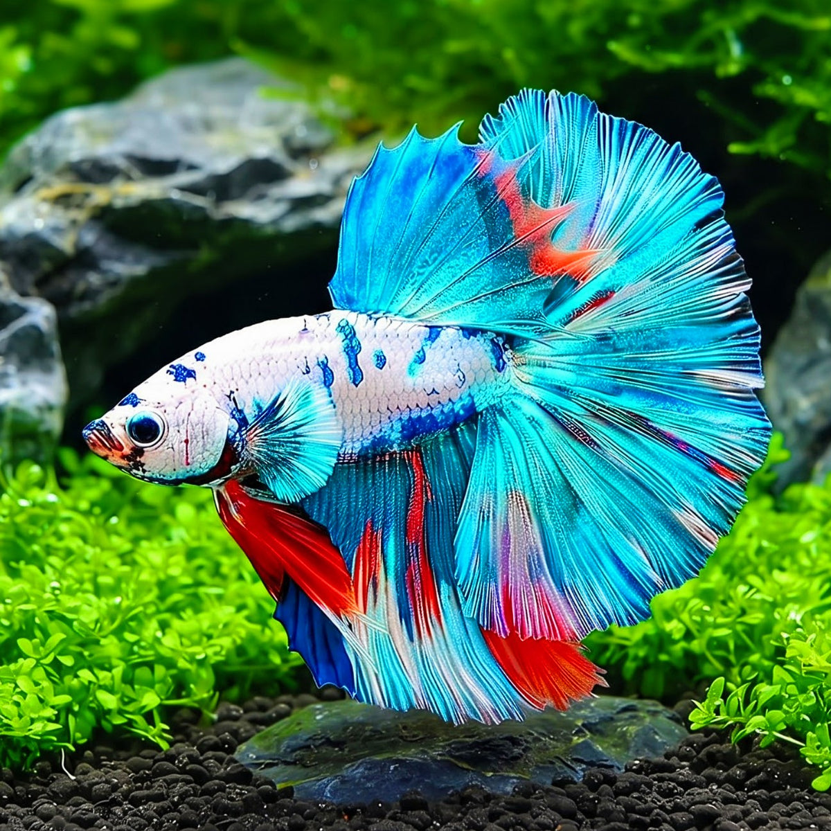 Kampffisch Mix Betta splendens – Halfmoon Mix – 💙❤️🧡💛 Eleganter Kampffisch