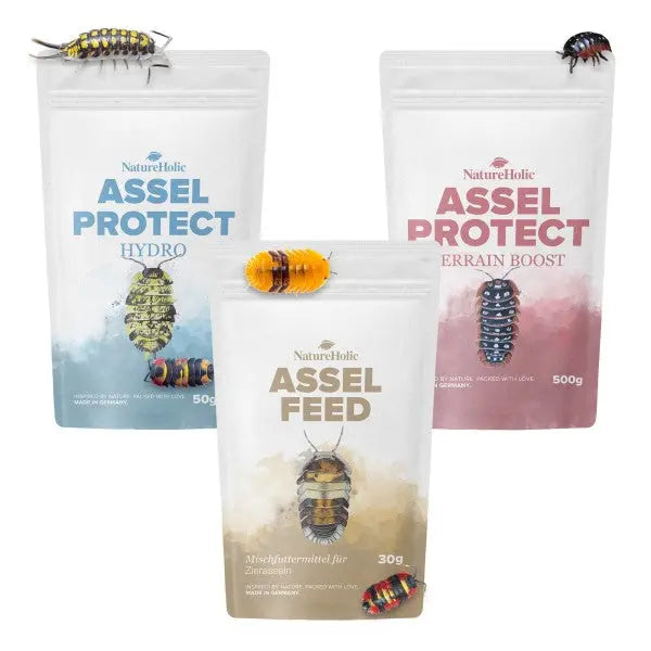 NatureHolic Assel 'Sorglos' Paket – Asselfeed, HydroProtect & TerrainBoost für Asseln im Terrarium AquaTimo