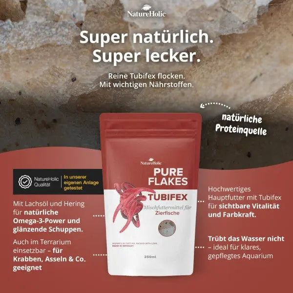 NatureHolic Pure Flakes Tubifex: Der Premium-Snack für carnivore und omnivore Aquarienbewohner 🐛🐟 AquaTimo