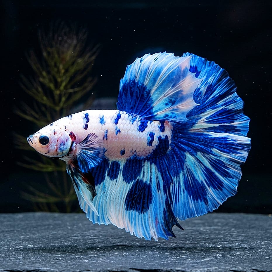 Kampffisch Betta splendens – Halfmoon „Blue Marble“ 💙 Blau-Weiß