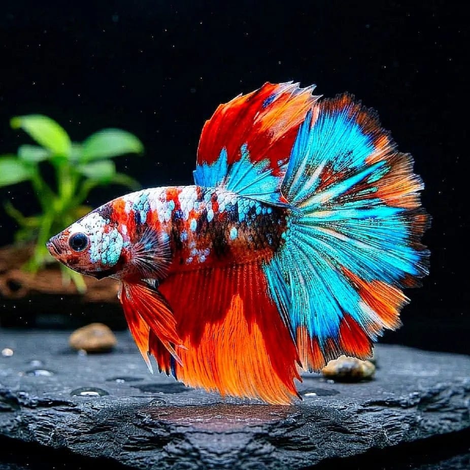 Kampffisch Betta splendens – Halfmoon Fancy Koi Nemo – 💙❤️🧡💛 Farbenprächtiger Kampffisch mit spektakulärer Musterung AquaTimo