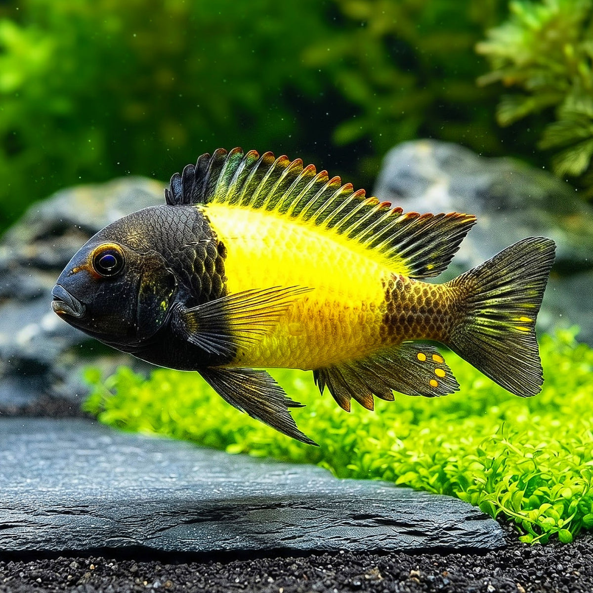Tropheus moorii "Ikola" – Schwarze Eleganz trifft auf sonnengelbe Leuchtkraft