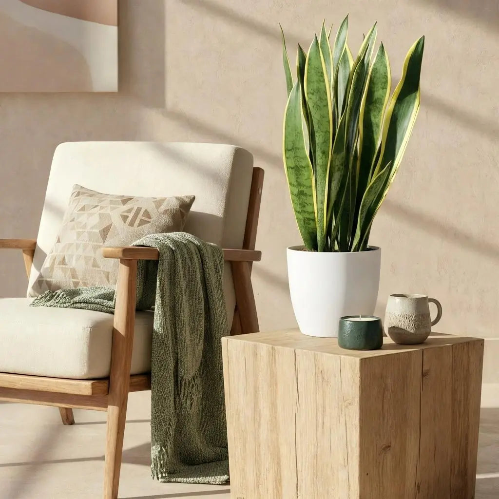 Green boutiQ | Sansevieria Laurentii (Schwiegermutterzunge) im Potter Weiß – 70-80 cm 🐍💛 - ES+ Everspring